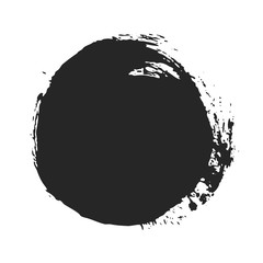 Black paintbrush round spot for creative design. Abstract painted object isolated on white background. Dirty texture ink brush blot. Grungy sticker template for advertising message.