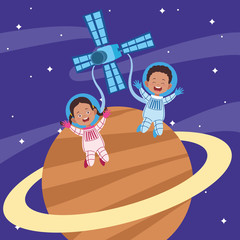 Fototapeta premium cartoon astronauts kids in a planet