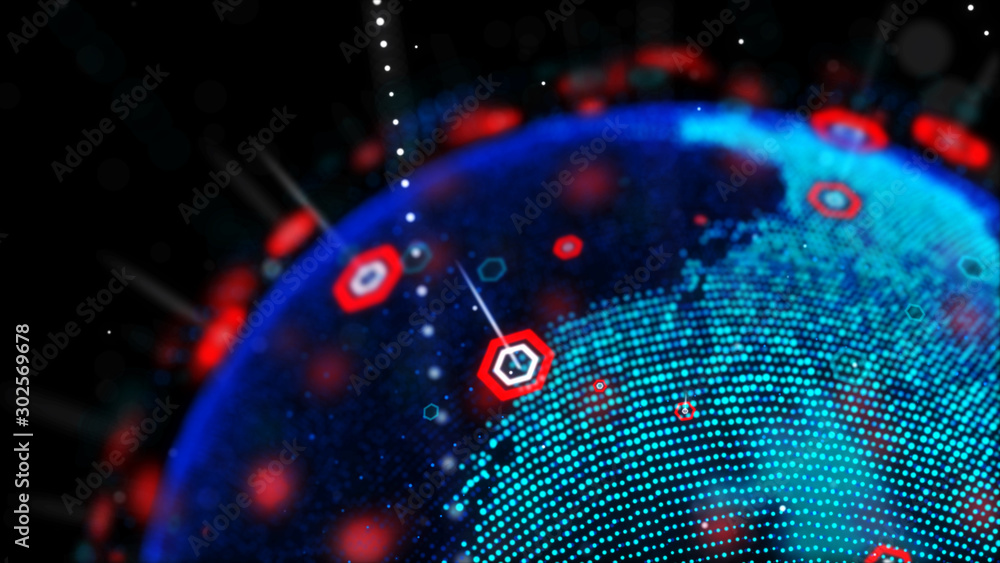 Poster abstract background dot blue world map with hexagon shape for a cyber futuristic concept shallow dep