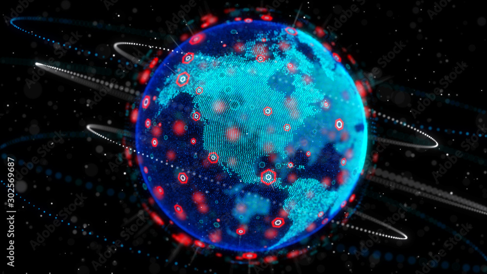 Poster abstract background dot blue world map with hexagon shape for a cyber futuristic concept shallow dep