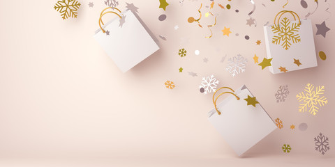 Winter abstract design creative concept, flying shopping bag, gold silver snow icon confetti glitter scattering on background. Copy space text area. 3D rendering illustration.