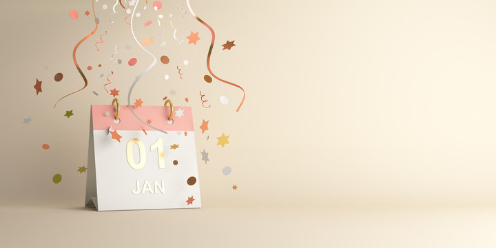 Happy New Year design creative concept, January 1st calendar and glittering confetti on gradient background. Copy space text area, 3D rendering illustration.