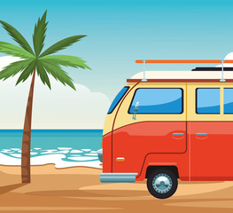 beach colorful design with travel van