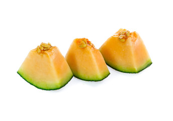 cantaloupe melon slices isolated on white background