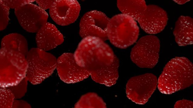 Super slow motion of flying raspberries isolated on black background. Filmed on high speed cinema camera, 1000 fps.