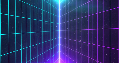 Retro Sci-Fi Background Futuristic Grid landscape of the 80`s. Abstract Digital Cyber Surface. Design in the style of the 1980`s. 3D illustration