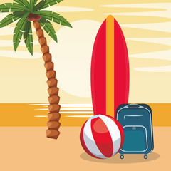 beach colorful design with surfboard with ball and suitcase