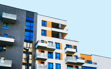 Fragment in Modern residential apartment with flat buildings exterior. Detail of New luxury house...