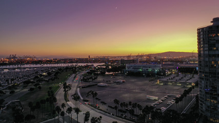 Aerial View of a West Coast Harbor At Sunset