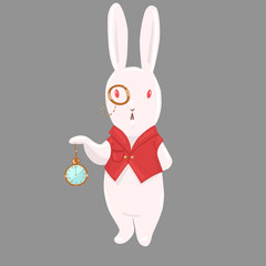 Rabbit in a vest with a pince-nez and with a clock. Vector graphics.