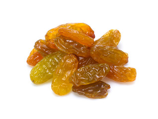 Organic gold dried Raisins isolated on white background