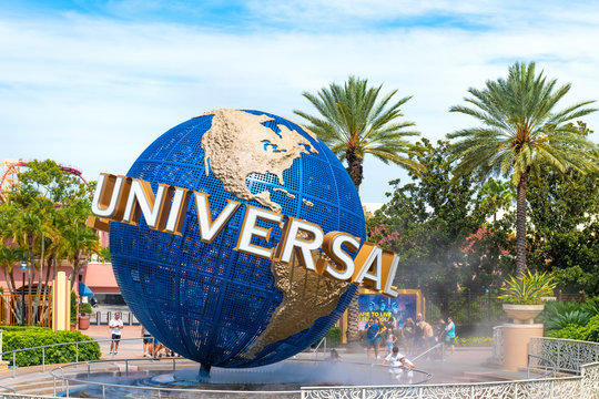 Universal Studios logo in the Orlando themed park, Florida, USA. Travel illustrative editorial image