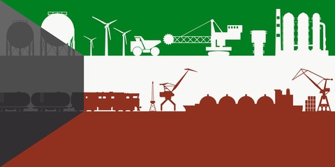 Energy and power icons set on Kuwait flag backdrop. Header or footer banner. Sustainable energy generation, transportation and heavy industry.