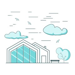 Thin line style suburban house. For web design and application interface. Real estate business illustration