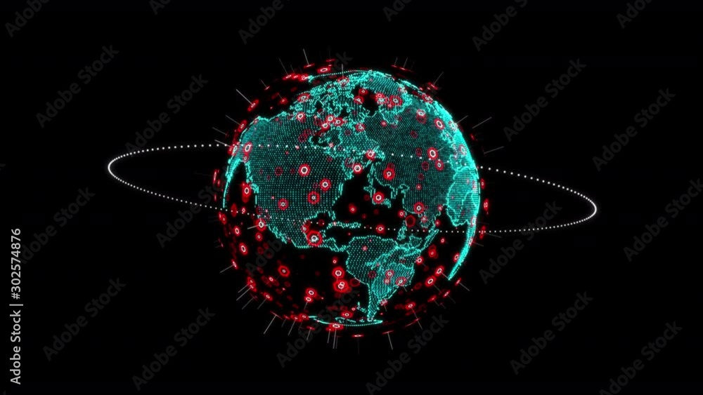 Poster dot and hexagon shape spinning globe with world map and particle lighting dust effect for cyber futu