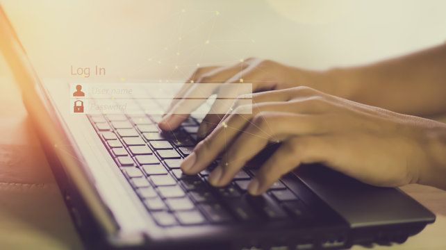 Business man use notebook computer Sign Up or log in Username Password (concept Vintage social media)