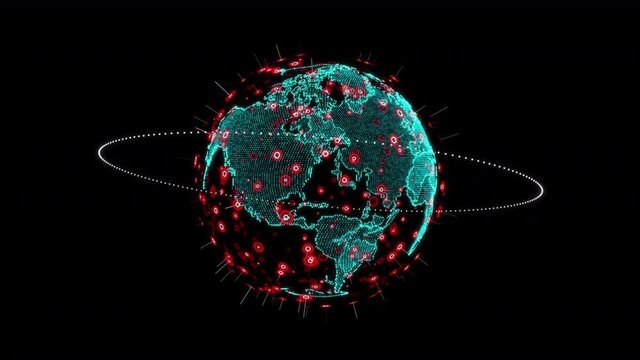 Dot and hexagon shape spinning globe with world map and particle lighting dust effect  for cyber futuristic concept select focus shallow depth of field, dark and grain processed