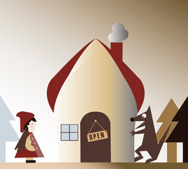  Little Red Riding Hood, vector, illustration, characters, house, tree, wolf
