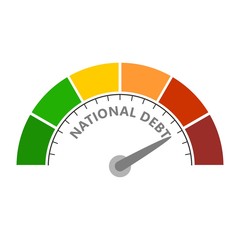 Cholesterol meter read high level of national debt result. Color scale with arrow from red to green. The measuring device icon. Vector illustration in flat style. Colorful infographic gauge element