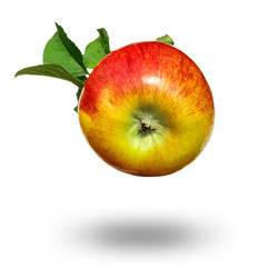 falling apple with leaves on an isolated white background