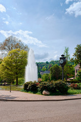Fountain at Gonneranlage Kurpark at Old city of Baden Baden at Baden Wurttemberg region of Germany. Cityscape view of green rose garden at Bath and spa German town in Europe. Nature and landscape