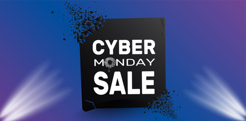 Cyber Monday exclusive text in vector square with cracks. Spolights special effect