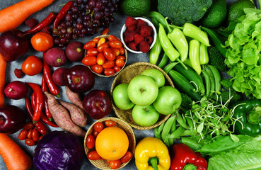 Mixed vegetables and fruits background healthy food clean eating for health - Assorted fresh ripe fruit red yellow purple and green vegetables market harvesting agricultural products