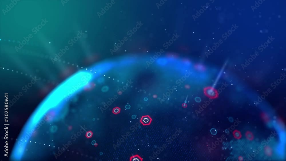 Poster dot and hexagon shape spinning globe with world map and particle lighting dust effect for cyber futu
