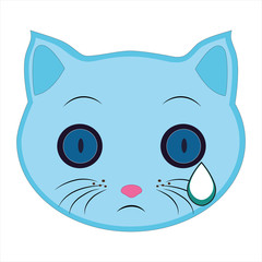 Flat drawing of a cat. Emoji, crying, flowing tear dripping. Signs and symbols of the cat. Vector.