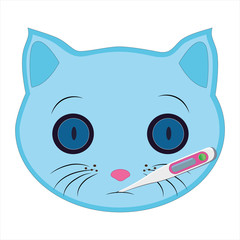 Flat drawing of a cat. Emoji, take your temperature, thermometer. Signs and symbols of the cat. Vector.