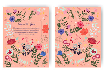 Cute sweet red pink and blue wild floral flower frame for wedding card