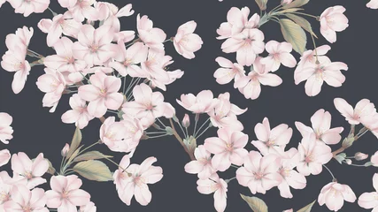 Wallpaper murals Japanese style Floral seamless pattern, Somei Yoshino sakura flowers with branch and leaves on dark grey