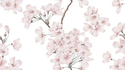 Gordijnen Naadloze bloemmotief, Somei Yoshino sakura bloemen met tak op wit © momosama