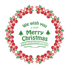 Celebration text of very merry christmas, with red flower frame, isolated on white background. Vector