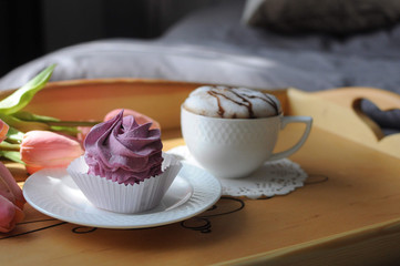 Homemade marshmallow zephyr with cup of coffee