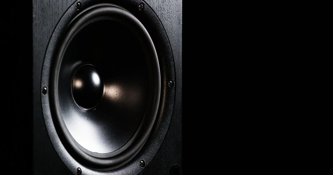 CLOSE UP moving sub-woofer music speakers vibrating membrane