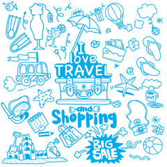 I love travel and shopping , Vector illustration of travel doodles sketch icons