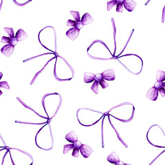 Seamless pattern with lilac ribbons and bows isolated on white background. Hand-made watercolor illustration for the design of children's and wedding products, covers, backgrounds, banners.