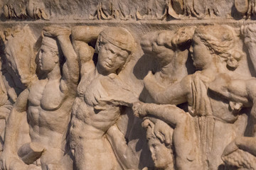 Front side of attic sarcophagus 2nd-3d century A.D. in Santa Giulia museum of Brescia, Lombardy, italy.