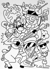 Christmas characters with musical instruments set. Santa Claus playing bass guitar, snowman with drum and riendeer playing Guitar ,vector illustration