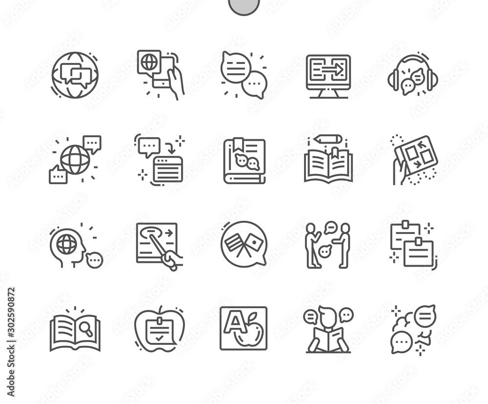 Poster studying of foreign language well-crafted pixel perfect vector thin line icons 30 2x grid for web gr
