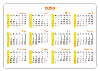 Horizontal pocket calendar on 2020 year. Vector template calendar for business on white background. Week starts from Sunday.