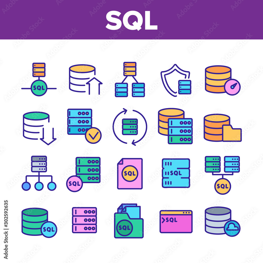 Poster sql database collection elements icons set vector thin line. sql computing internet security protect