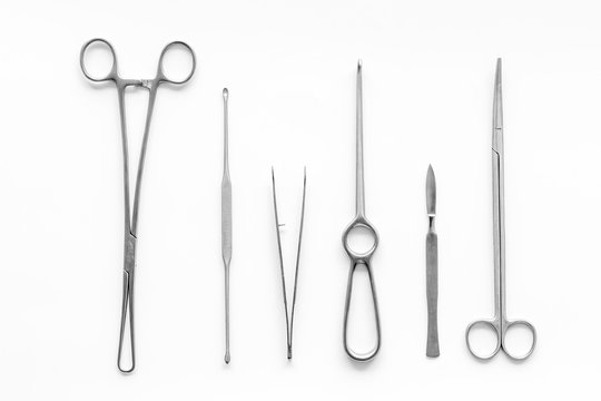 Instruments for plastic surgery on white background top view flat lay pattern
