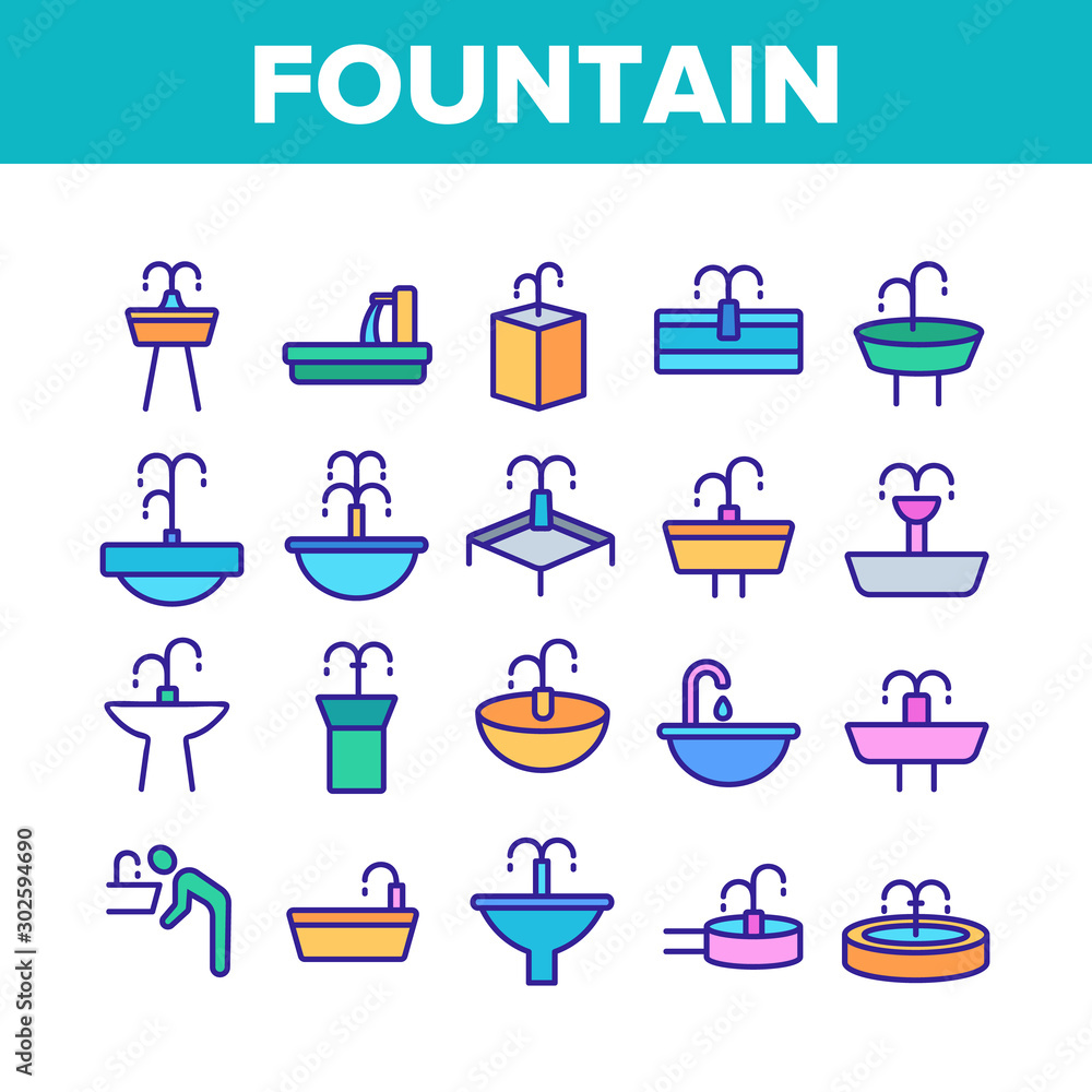Poster drinking fountain collection icons set vector thin line. different type of decorative public fountai