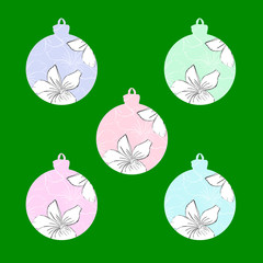 Christmas decoration, New Year card with floral pattern. multicolored christmas balls with white flowers. symmetrically on a green background.