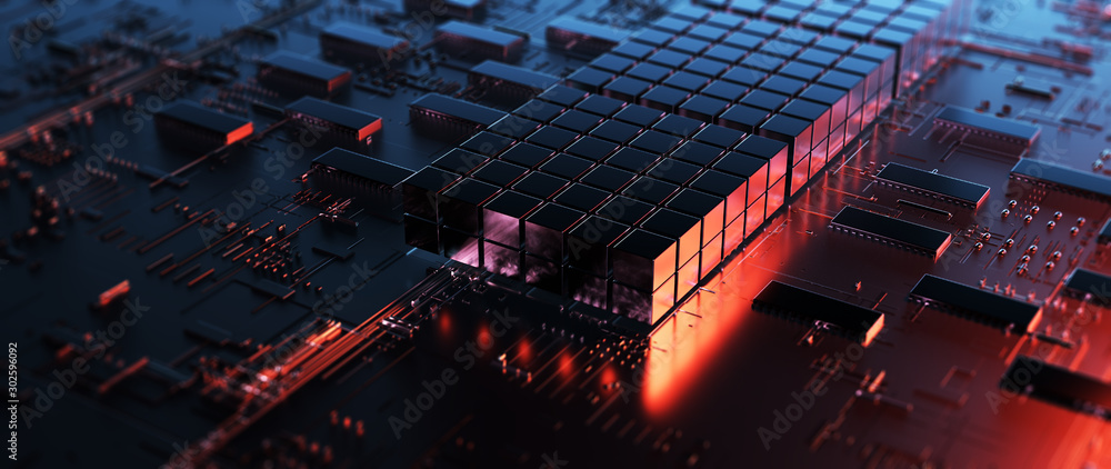 Aufkleber Printed circuit board futuristic server/Circuit board futuristic server code processing. Orange,  red, blue technology background with bokeh. 3d rendering