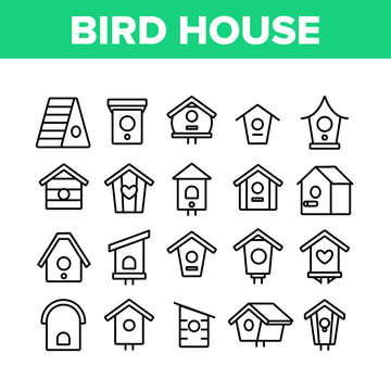Bird House Collection Elements Icons Set Vector Thin Line. Different Style Wooden Bird House, Shelter For Nestling On Tree Concept Linear Pictograms. Monochrome Contour Illustrations