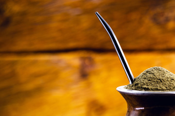 Gaucho yerba mate tea, the chimarão, typical brazilian drink, traditionally in a cuiade bombilla...