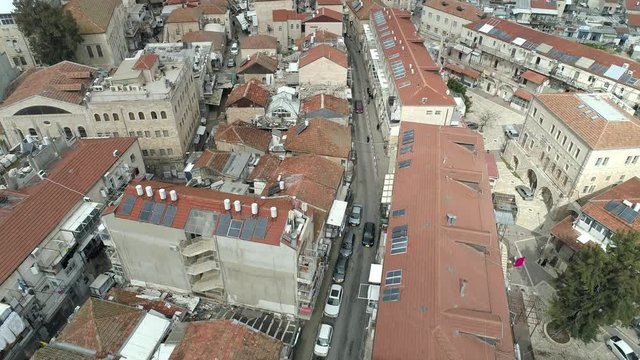 Aerial footage of Mea Shearim neighborhood in the heart of Jerusalem, israel